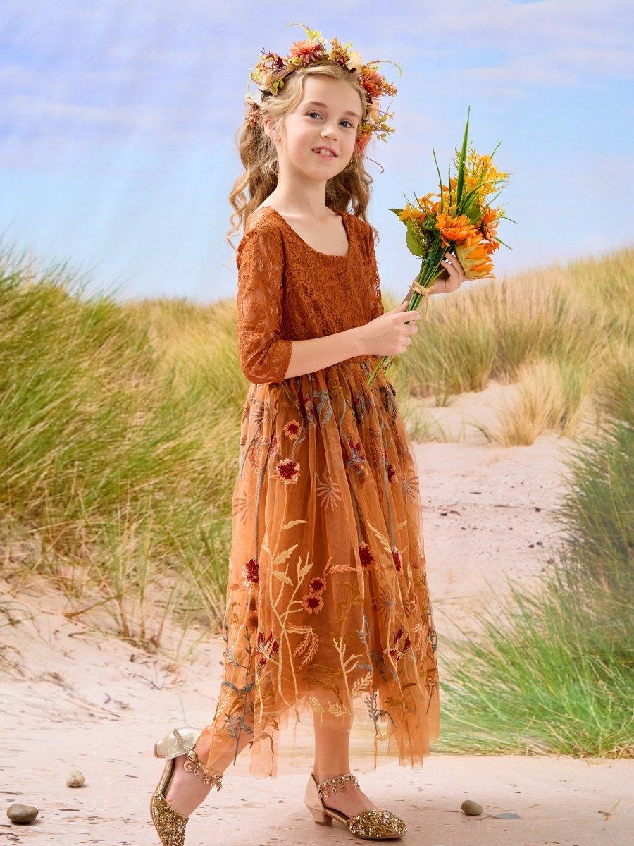Burnt Orange Lace Tulle Embroidered Ankle Length Flower Girl Dress