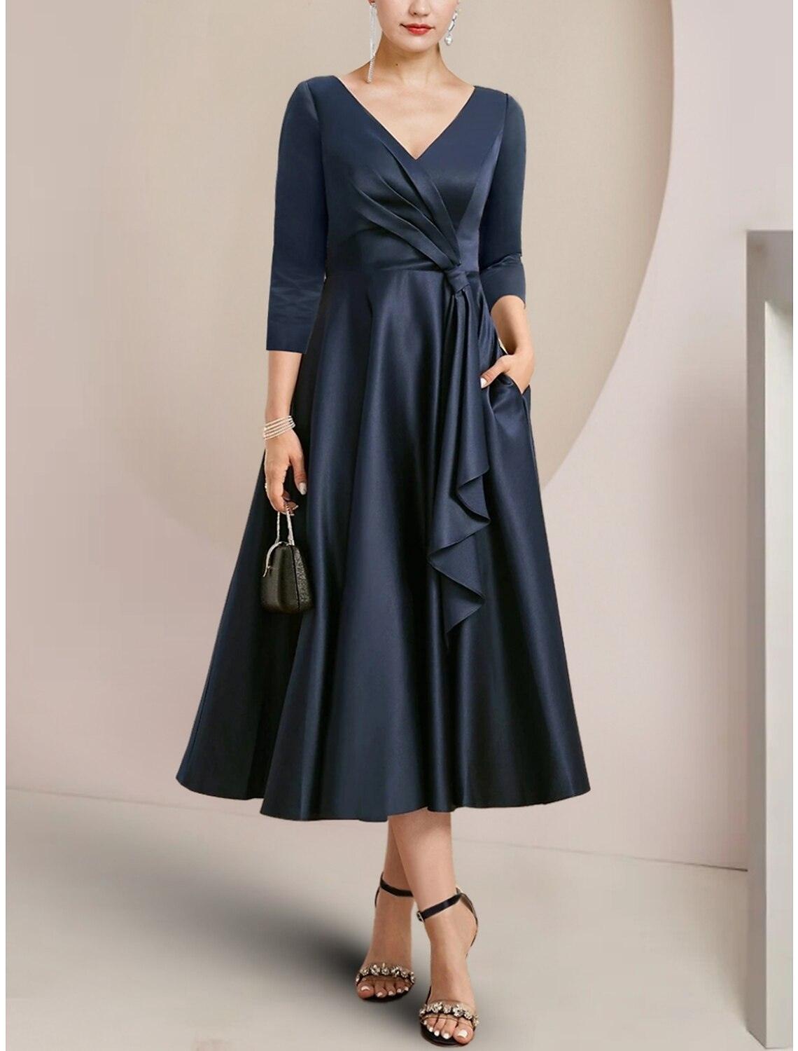 NumberSea-A-Line Mother of the Bride Dress Wedding Guest Elegant Petite V Neck Tea Length Satin 3/4 Length Sleeve with Ruching Solid Color Custom