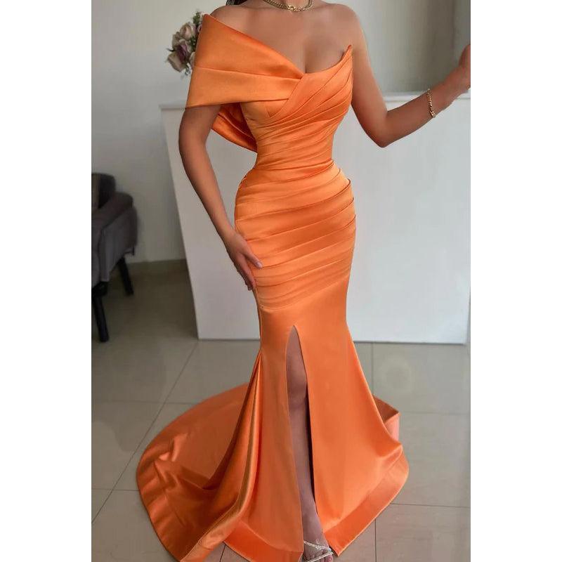 NumberSea-Simple One Shoulder Sleeveless Ruched Satin Mermaid Long Evening  Dress