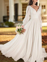NumberSea - Casual Wedding Dresses A - Line V Neck Long Sleeve Sweep / Brush Train Chiffon Bridal Gowns With Pleats