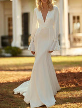 NumberSea - Casual Wedding Dresses Mermaid / Trumpet V Neck Long Sleeve Court Train Chiffon Bridal Gowns With Sash / Ribbon