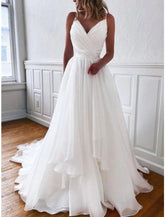 NumberSea - Casual Wedding Dresses Sheath / Column Camisole Sleeveless Court Train Chiffon Bridal Gowns With Pleats