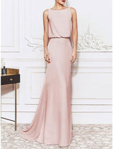 Meerjungfrau/Trompete Abendkleid Empire-Kleid Partykleidung Hochzeitsfeier Sweep/Pinselzug Ärmellos Rundhalsausschnitt Baumwolle Rückenfrei mit Rüschen