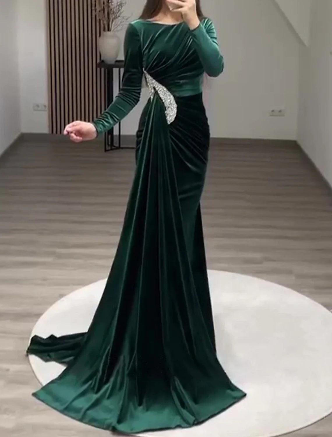 NumberSea-Sheath Evening Gown Vintage Black Dress Plus Size Formal Velvet Christmas Red Green Dress Floor Length Long Sleeve Off Shoulder Fall Wedding