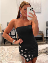 Vestidos de cóctel de sirena/trompeta, vestido sexy para regreso a casa, corto/mini, sin mangas, escote en forma de corazón, tela elástica, sin espalda y con borlas