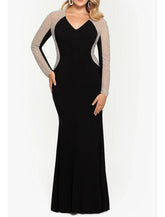 Meerjungfrau/Trompete Kleid für die Mutter der Braut, Hochzeitsgast, Vintage, luxuriös, funkelnd und glänzend, V-Ausschnitt, bodenlang, Samt, lange Ärmel, mit Kristallen