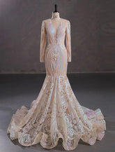 Meerjungfrau/Trompete Abendkleid Sparkle & Shine Kleid Formeller Abend Hochzeitsfeier Kapelle Schleppe Langarm Juwel Hals Afroamerikaner Pailletten mit Pailletten