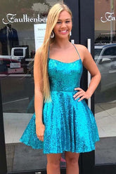 Criss Cross A-Line Short Prom Dress Blue Sequins Homecoming Dress