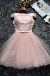 Cute Pink Lace Tulle Short Prom Dress Homecoming Dress