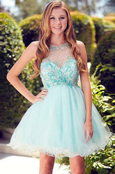 Cute Round neck Tulle Beads Sequin Short Prom Dress Homecoming Dress