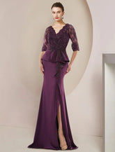 Meerjungfrau/Trompete Kleid für die Mutter der Braut, formeller Hochzeitsgast, luxuriös, elegant, V-Ausschnitt, bodenlang, Spitze, Stretch-Chiffon, halbe Ärmel, mit Perlenbesatz, Rüschen, Applikationen