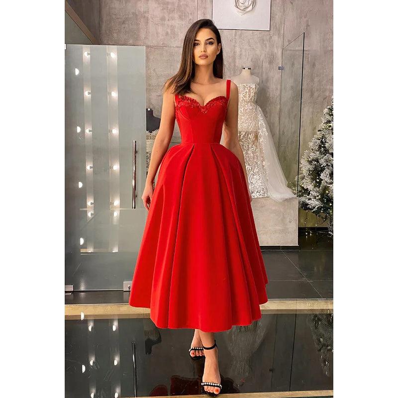 NumberSea-Sweetheart Ruffled Satin A-Line Midi Prom Evening Gown As Picture / 22w NumberSea-Sweetheart Ruffled Satin A-Line Midi Prom Evening Gown As Picture / 22w