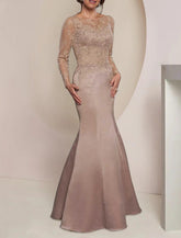 Meerjungfrau/Trompete Kleid für die Mutter der Braut, Hochzeitsgast, Party, elegant, Rundhalsausschnitt, bodenlang, Kunstseide, lange Ärmel, mit Spitzenfalten