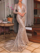 Meerjungfrau/Trompete Abendkleid Schönes Rückenkleid Partykleid Formeller Abend Sweep/Pinselzug Langarm V-Ausschnitt Pailletten mit Pailletten