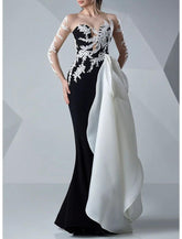 Meerjungfrau/Trompete Abendkleid Farbblock Kleid Formelle Hochzeit Gast Bodenlang Langarm Jewel Neck Satin mit Applikationen