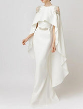 Meerjungfrau/Trompete Abendkleid Maxikleid Formeller Hochzeitsgast Bodenlang Ärmellos Rundhals Capes Stretch Chiffon mit Applikationen