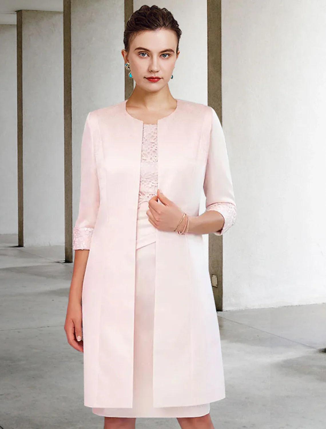 NumberSea-Two Piece Sheath / Column Mother of the Bride Dress Church Elegant Jewel Neck Knee Length Satin Lace Half Sleeve Jacket Dresses with Side