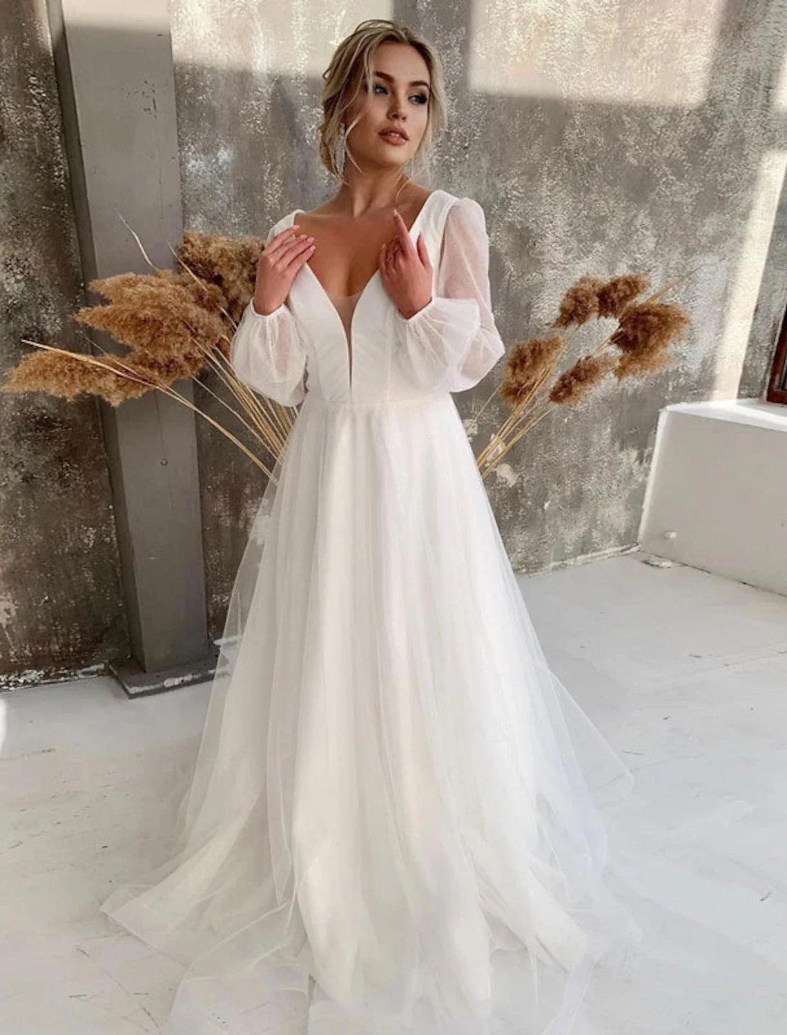 Reception Casual Fall Wedding Dresses A-Line V Neck Long Sleeve Floor