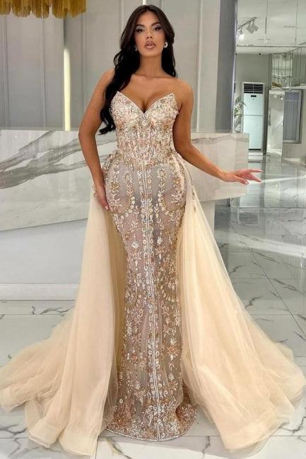 champagne glitter prom dress NumberSea-Elegant Long Mermaid Strapless Lace with Detachable Train Dress Size:3XL The dress has thin Style:AP1D106567 Omnia Nightclub Las Vegas