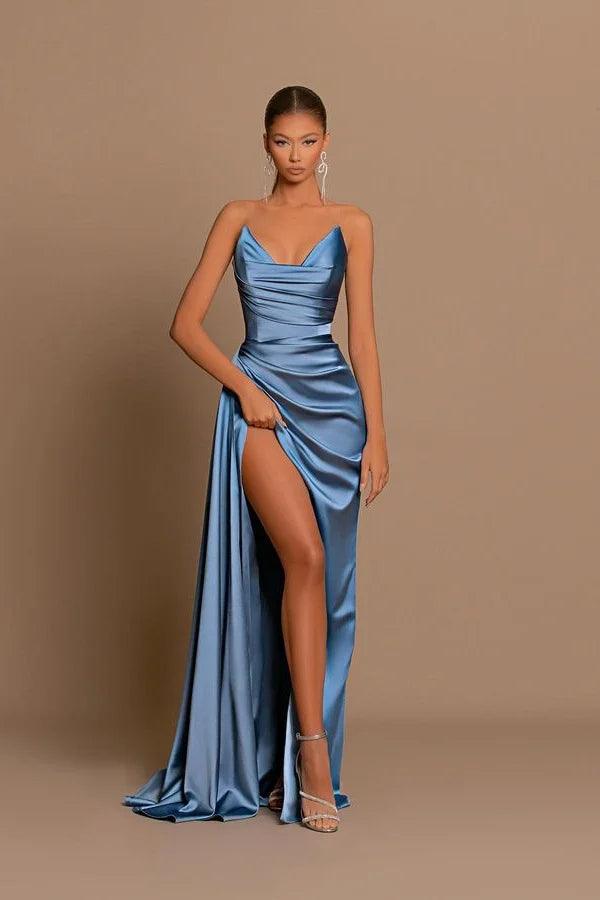 NumberSea-Elegant Long Dusty Blue Mermaid Sleeveless Prom Dress With Slit