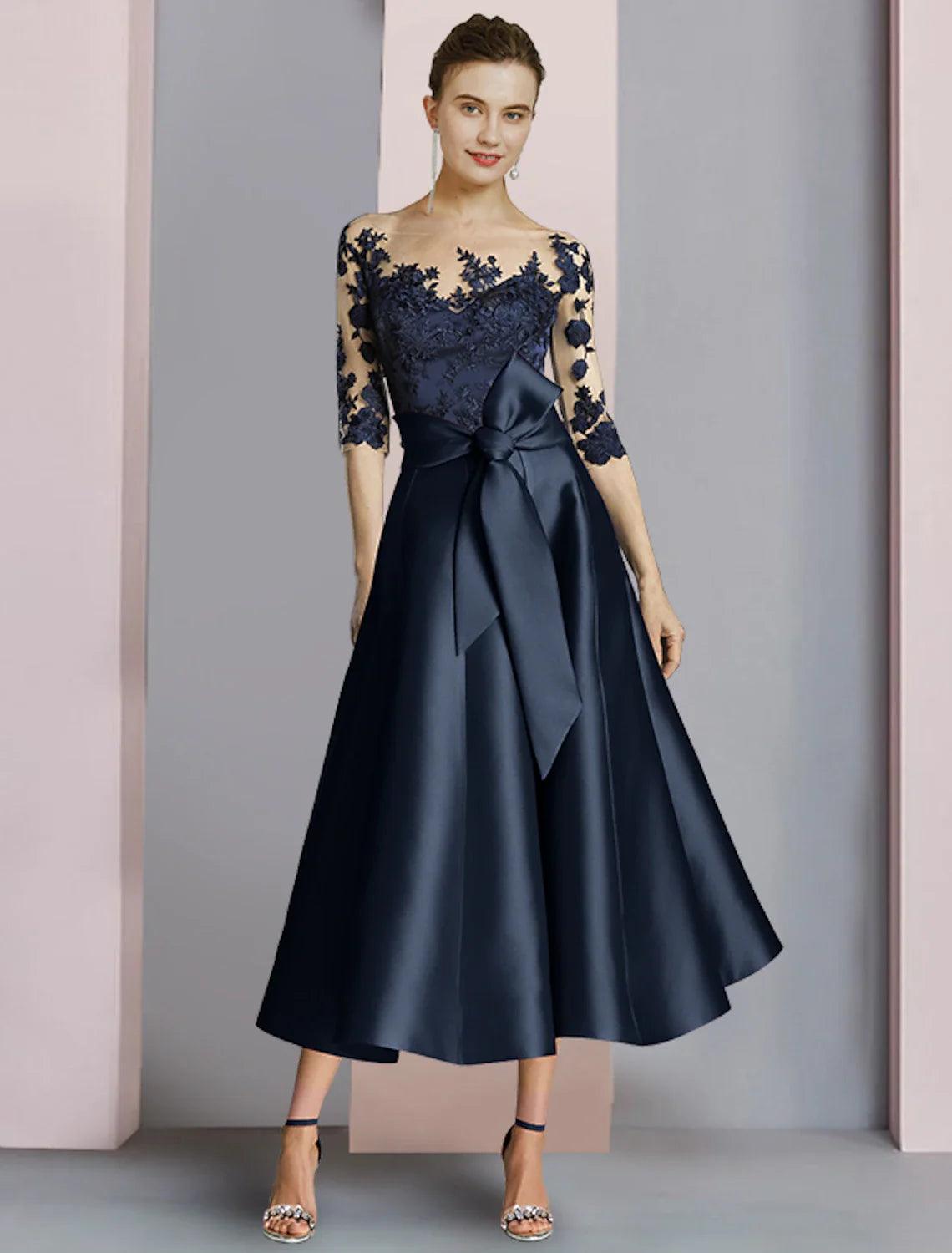 elegant sheath wedding guest dresses NumberSea-Sheath / Column Mother of the Bride Dress Fall Party Scoop Neck Ankle Length Satin Lace Half Sleeve with Bow(s) Pleats BIS-07-02-24 bridal showers Color:Dark Heather Floral Toddler Girl Beach