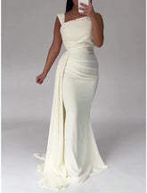 Meerjungfrau/Trompete Abendkleid Partykleid Formelles Sweep/Pinselzug Ärmellos Quadratischer Ausschnitt Stretchstoff mit Falten Geraffte Perlen