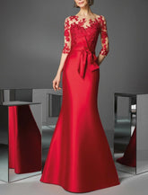 Meerjungfrau/Trompete Abendkleid Elegantes Kleid Verlobung Bodenlang 3/4 Ärmel Illusion Hals Herbst Hochzeitsgast Satin mit Applikationen