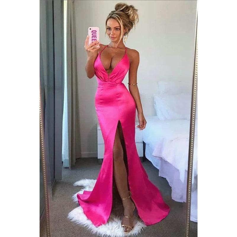 NumberSea-Fuchsia Satin Spaghetti Straps V-Neck Mermaid Prom Dress with Slit As Picture / 12