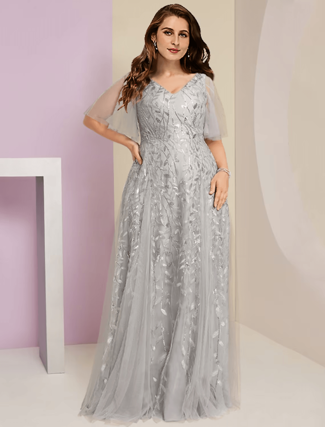 silver sparkly mother of the bride dresses NumberSea-Plus Size Curve Mother of the Bride Dress Party Sparkle & Shine V Neck Floor Length Lace Tulle Short Sleeve with Pleats Sequin
