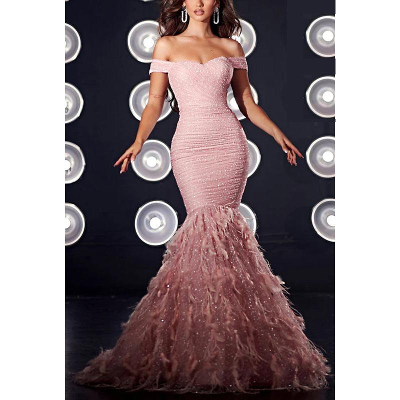 NumberSea-Sparkle Off-Shoulder Ruched Sequins Feathers Mermaid Long Prom  Evening Dress