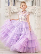 Lilac Tulle Princess Ball Gown with Floral Appliques and Beading for Girls