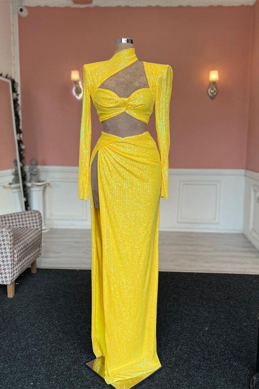 yellow long sleeve prom dress NumberSea-Fabulous Sequined High Neck Long Sleeves With Slit Please refer to our Shoe size:37 Fall Ladies Daytime Dresses MLDEC10