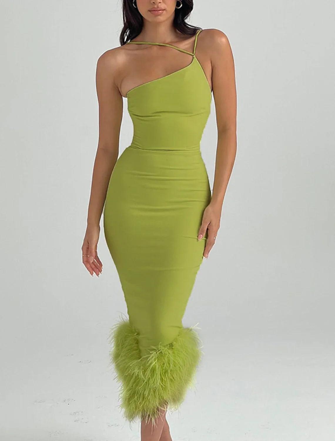 NumberSea-Mermaid / Trumpet Party Dresses Sexy Dress Wedding Guest Homecoming Tea Length Sleeveless One Shoulder Polyester with Feather