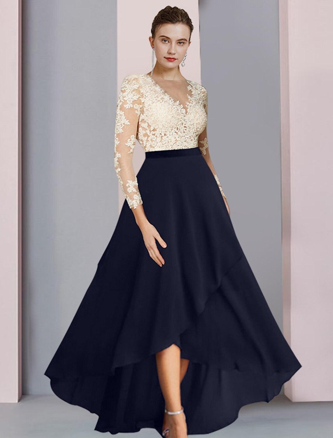 Sheath / Column Mother of The Bride Dress Wedding Guest Party Elegant V Neck Asymmetrical Chiffon Lace Long Sleeve with Pleats Color Block US 24plus /