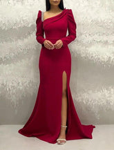 Meerjungfrau/Trompete Abendkleid Elegantes Kleid Weihnachten Hofschleppe Langarm V-Ausschnitt Stretchstoff mit Strass gerüscht