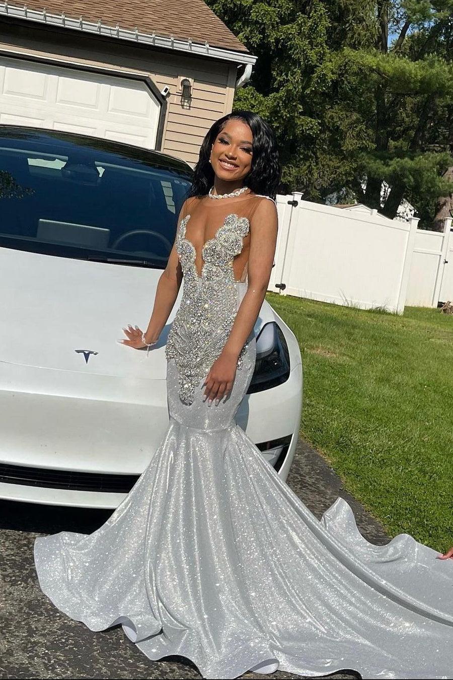 glamorous prom dresses Long Silver Mermaid Sequined Sleeveless Dress With Lace Dark Pacific Blue Shoulder;straps sleeves Kim Kardashian Reveals Why Color:Nude lining