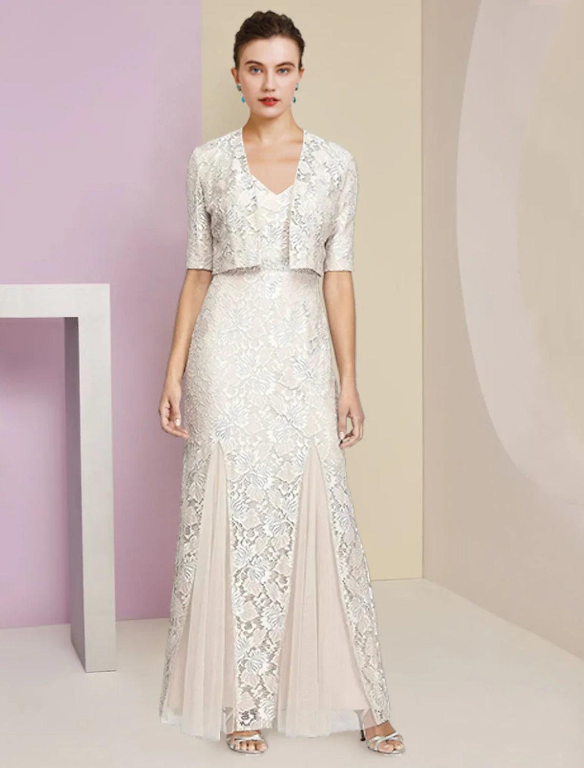 NumberSea-Two Piece A-Line Mother of the Bride Dress Formal Wedding Guest Elegant Winter With Jacket Half Sleeve V Neck Ankle Length Chiffon Lace Pleats Appliques
