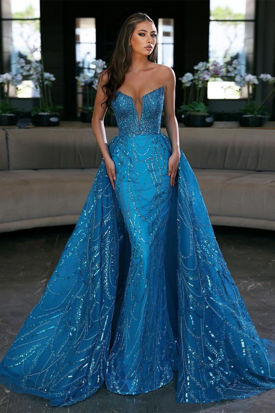 NumberSea-Gorgeous Blue Long Mermaid Sleeveless Prom Dress With Detachable Train