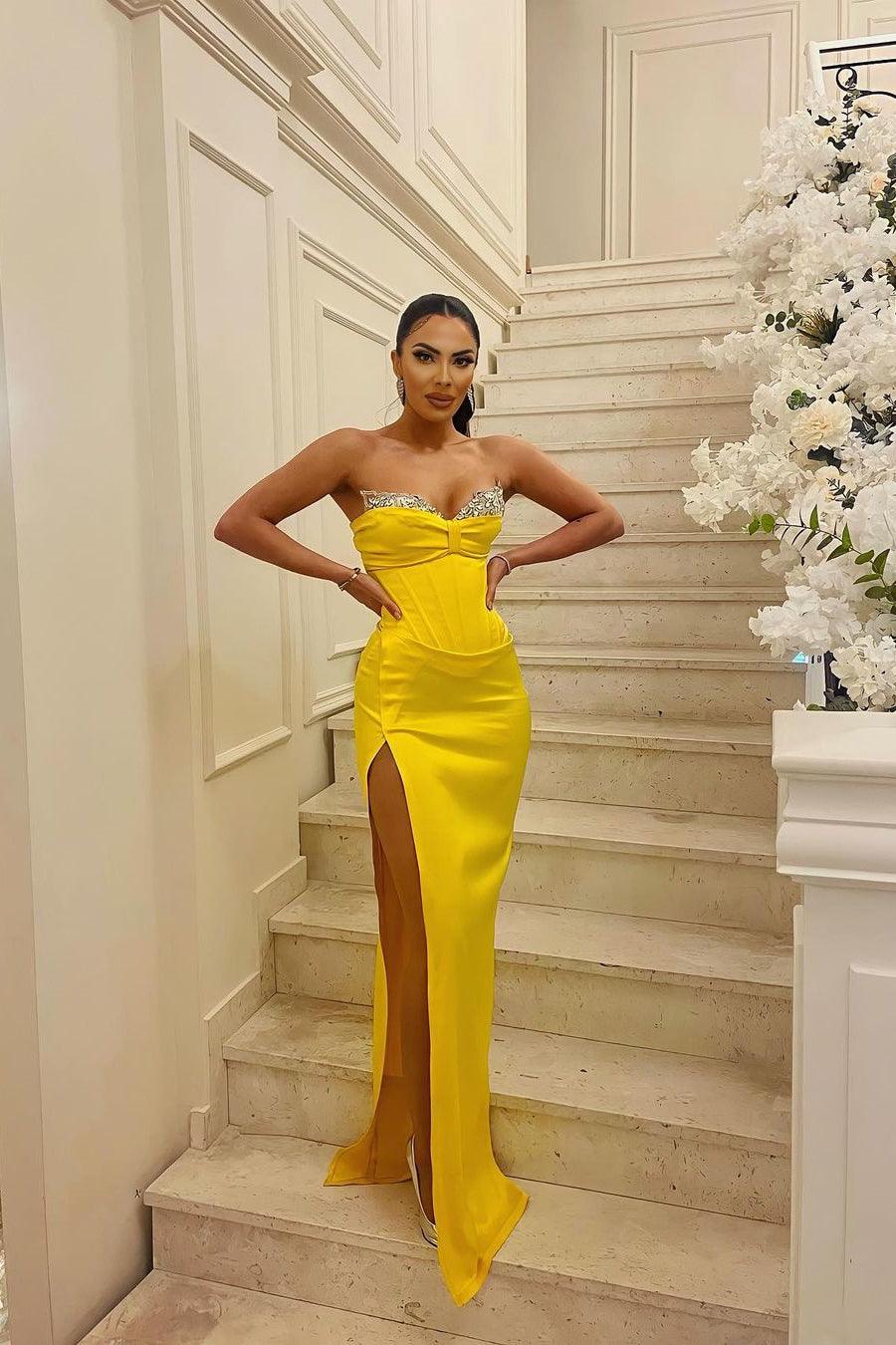 NumberSea-Gorgeous Long Yellow Strapless Mermaid Jewels Floor-Length Prom Dress With Slit