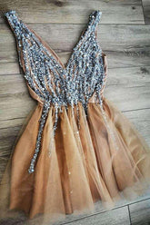 Gorgeous V Neck Peach Homecoming Dress Party Dress with Pearls PD417