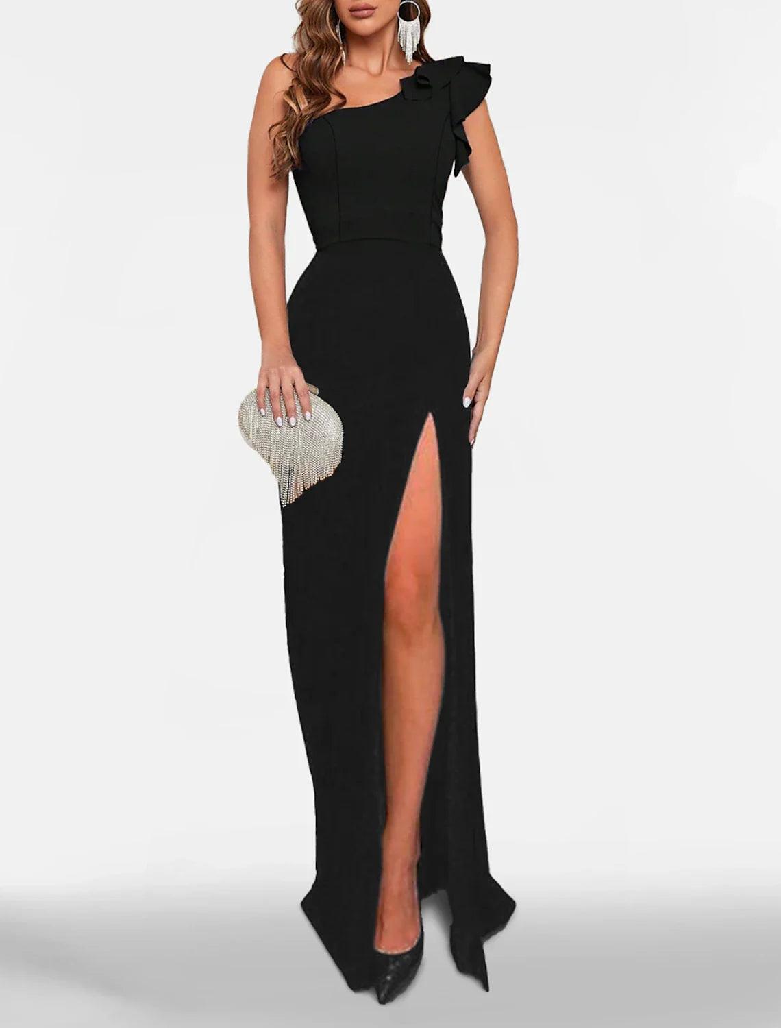 NumberSea-Mermaid / Trumpet Prom Dresses Black Dress Dress Wedding Guest Black Tie Sweep / Brush Train Sleeveless One Shoulder Stretch Fabric with NumberSea-Mermaid / Trumpet Prom Dresses Black Dress Dress Wedding Guest Black Tie Sweep / Brush Train Sleeveless One Shoulder Stretch Fabric with