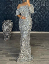 Meerjungfrauenkleid Abendkleid Weihnachten Rot Grün Kleid Cocktailparty Sweep/Pinselzug Langarm Eine Schulter Pailletten mit Pailletten