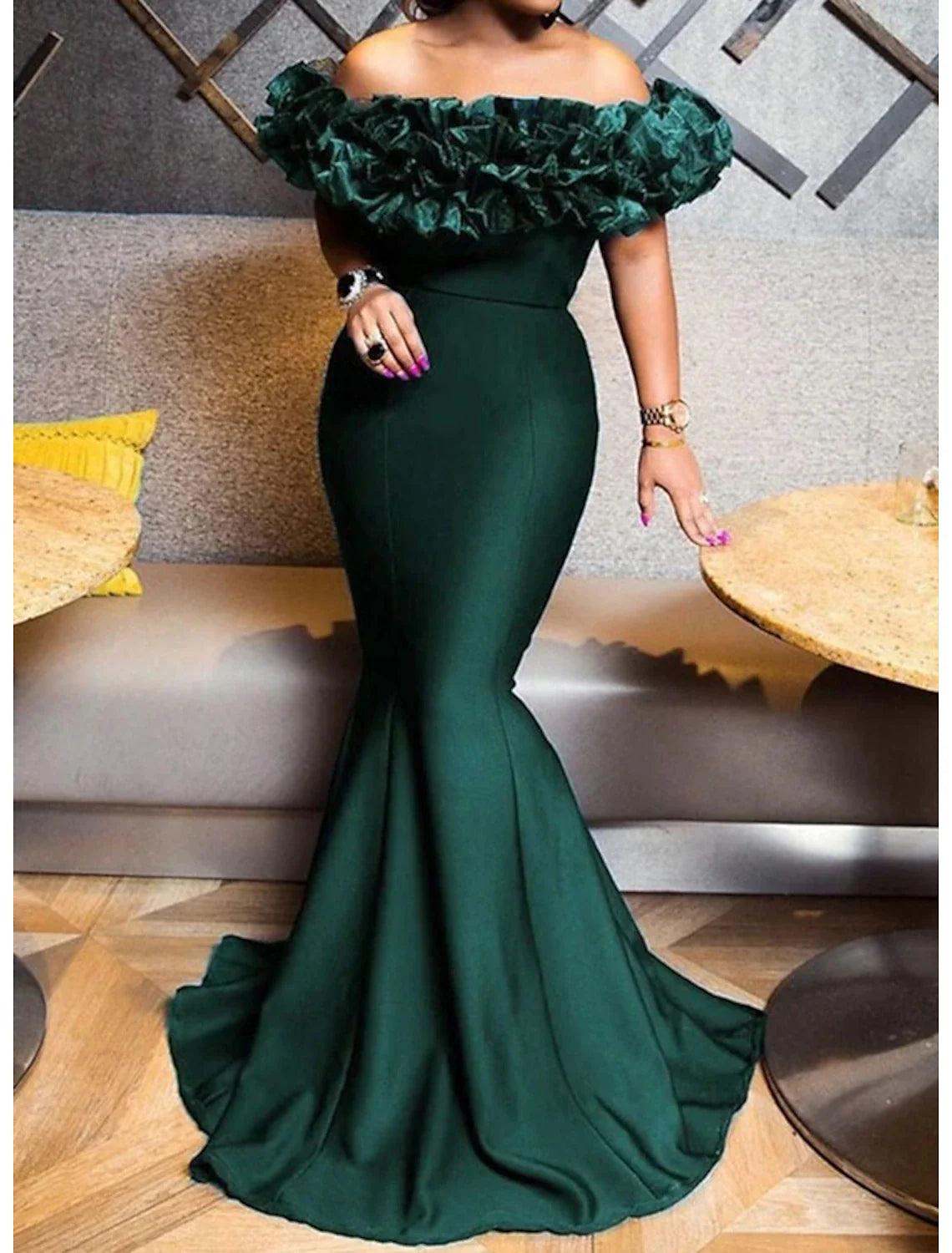 emerald green dress christmas NumberSea-Mermaid Evening Gown Red Green Dress Engagement Sweep / Brush Train Short Sleeve Off Shoulder Stretch Satin with Sleek Color:HOT CORAL Men's Elegant Dress Code: Crafted in a rich SCH005791_B