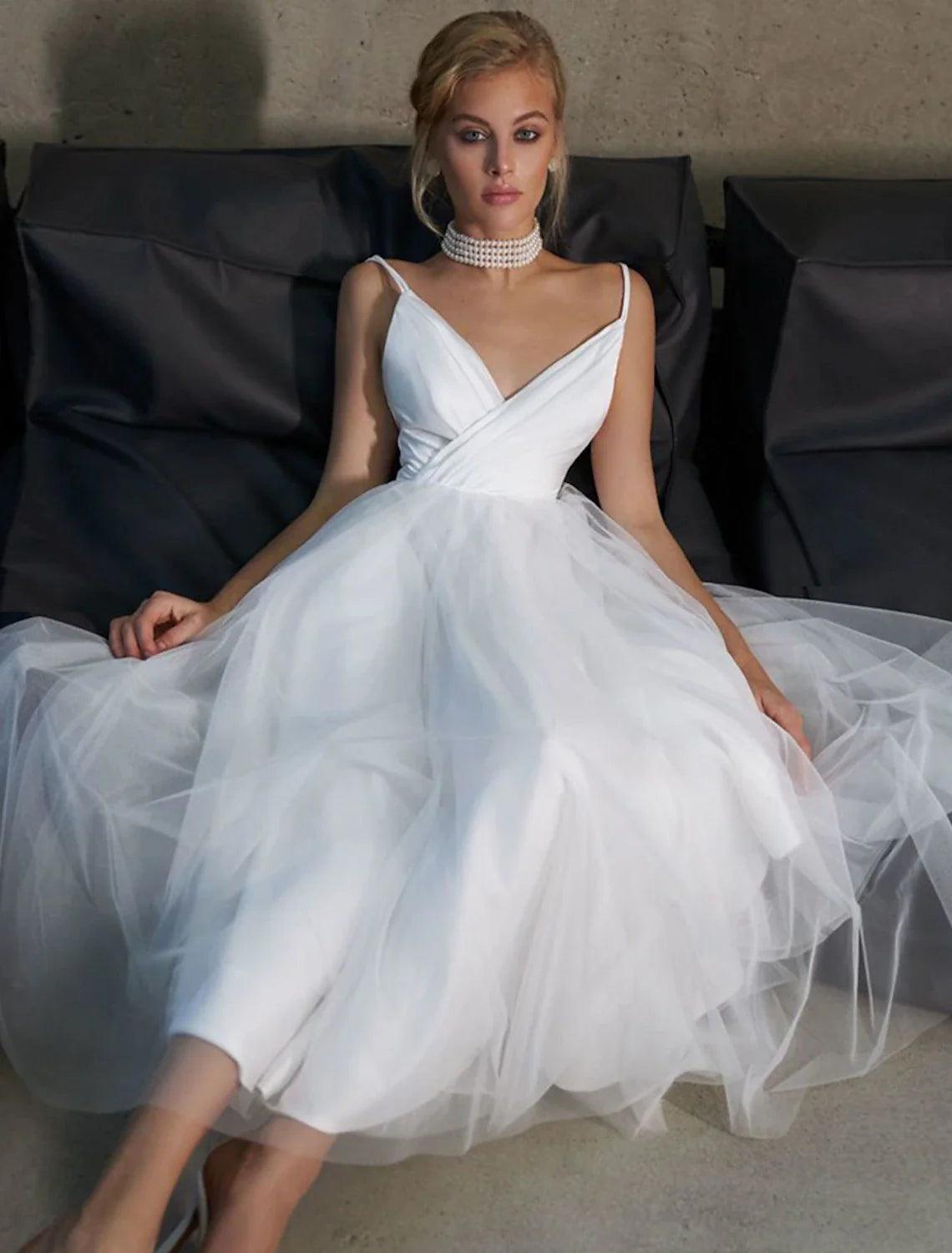 casual ankle length wedding dresses June Bridals Elegant Long Sleeve Casual Short Summer Wedding Dress Destination Simple White A-Line V-neck Chiffon Rustic Summer Bridal Dress