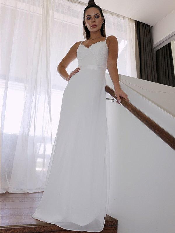 NumberSea-Sheath/Column Chiffon Lace Spaghetti Straps Sleeveless Floor-Length Wedding Dresses