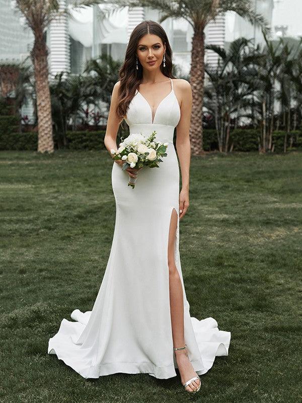 NumberSea-Sheath/Column Stretch Crepe Ruffles Halter Sleeveless Sweep/Brush Train Wedding Dresses As picture / US 2 / UK 6 / EU 32 NumberSea-Sheath/Column Stretch Crepe Ruffles Halter Sleeveless Sweep/Brush Train Wedding Dresses As picture / US 2 / UK 6 / EU 32