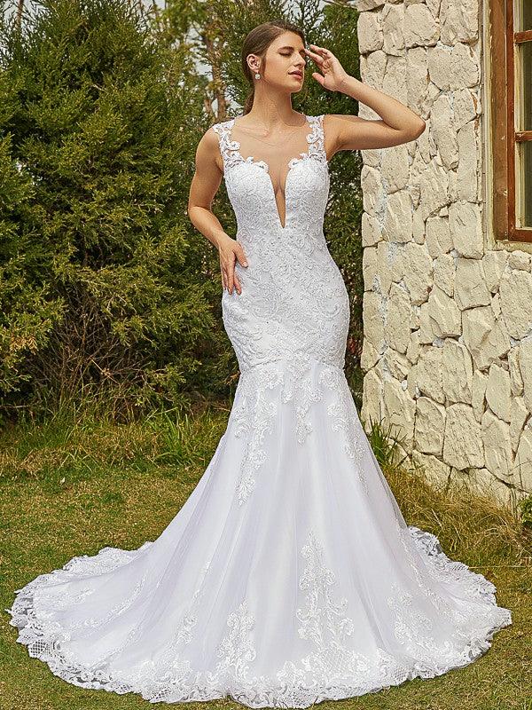 NumberSea-Trumpet/Mermaid Tulle Lace Scoop Sleeveless Court Train Wedding Dresses NumberSea-Trumpet/Mermaid Tulle Lace Scoop Sleeveless Court Train Wedding Dresses