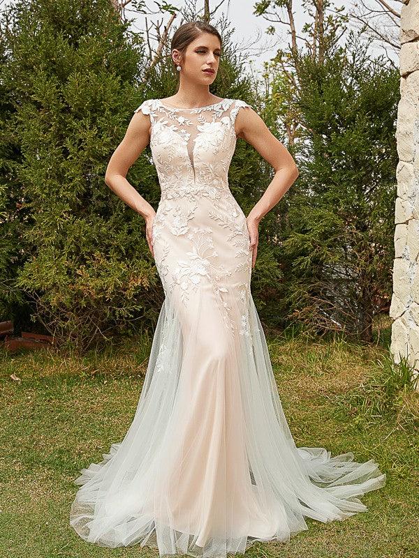 chinese dress ladies NumberSea-Sheath/Column Tulle Lace Scoop Sleeveless Court Train Wedding Dresses As Picture / US 16 / UK 20 / EU 46