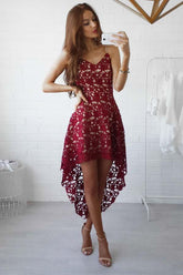 High Low Straps Simple Dark Red Lace Homecoming/Party Dresses