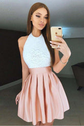 High Neck Backless Short Pink Pleated Homecoming Dress with Lace Bodice